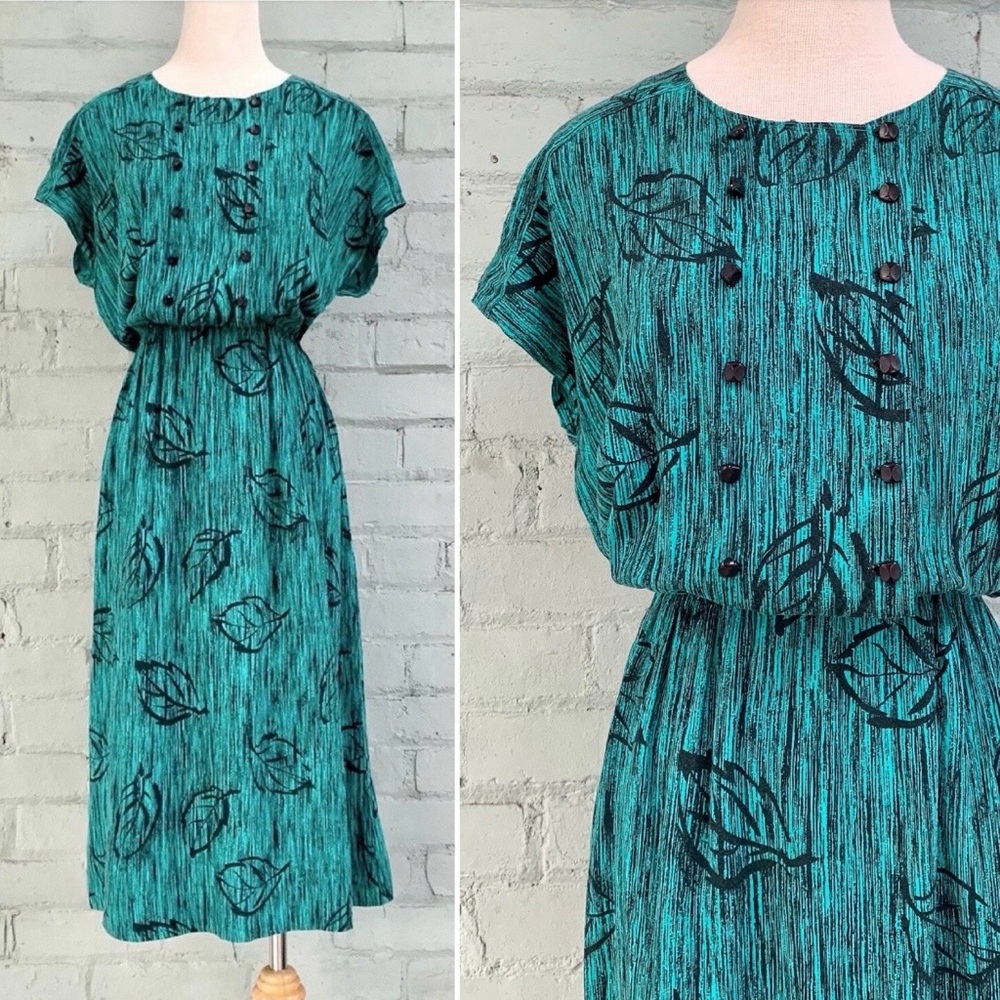 Vintage Midi Print Dress in Green and Black